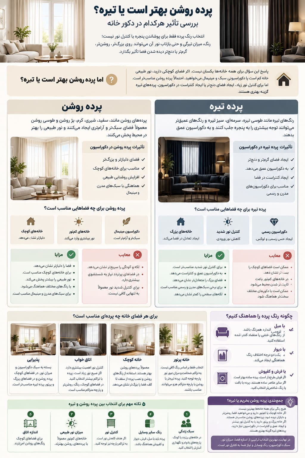 پرده روشن بهتر است یا تیره؟ راهنمای انتخاب رنگ پرده اینفوگرافیک